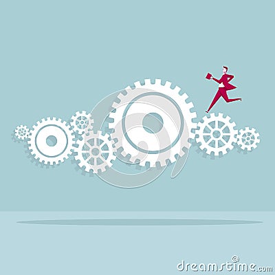 Businessman runing on the gears. Vector Illustration